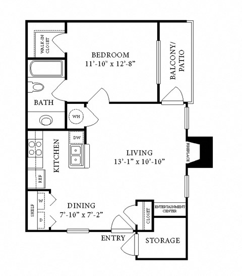 Floor plan for 1 bed, 1 bath